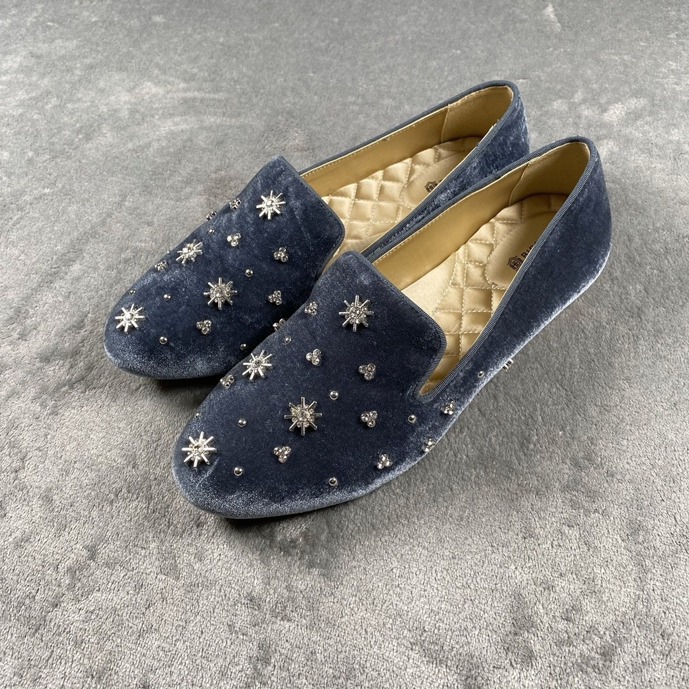 Birdies Flats Womens Sz 8.5 Blue The Starling Ocean Crystal Velvet Loafers‎ Luxe